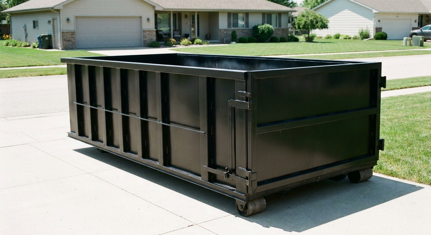 Matte-black 10-yard roll-off dumpster on a residential concrete driveway in North Las Vegas, uniformly painted matte black across every panel and rail, ribbed steel sidewalls and rear swing door visible, mid-day daylight.