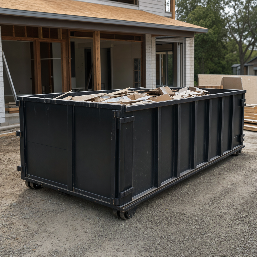 Large matte-black 30-yard construction roll-off dumpster at an active North Las Vegas jobsite, steel-gray top rails and bottom rollers visible, loaded with construction debris.