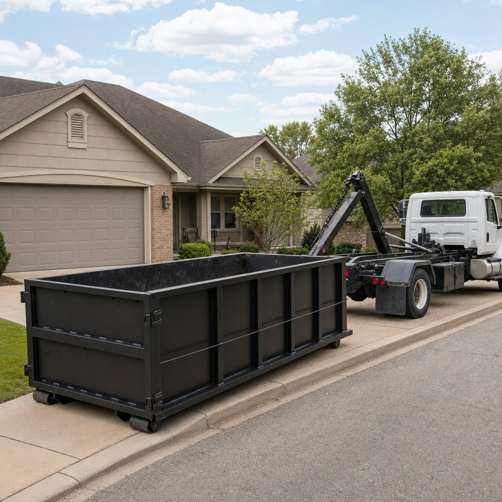 Wide documentary shot of a matte-black roll-off dumpster on a North Las Vegas residential driveway in the foreground and a contractor jobsite container in the soft-focus background, bright daylight, calm and orderly composition.